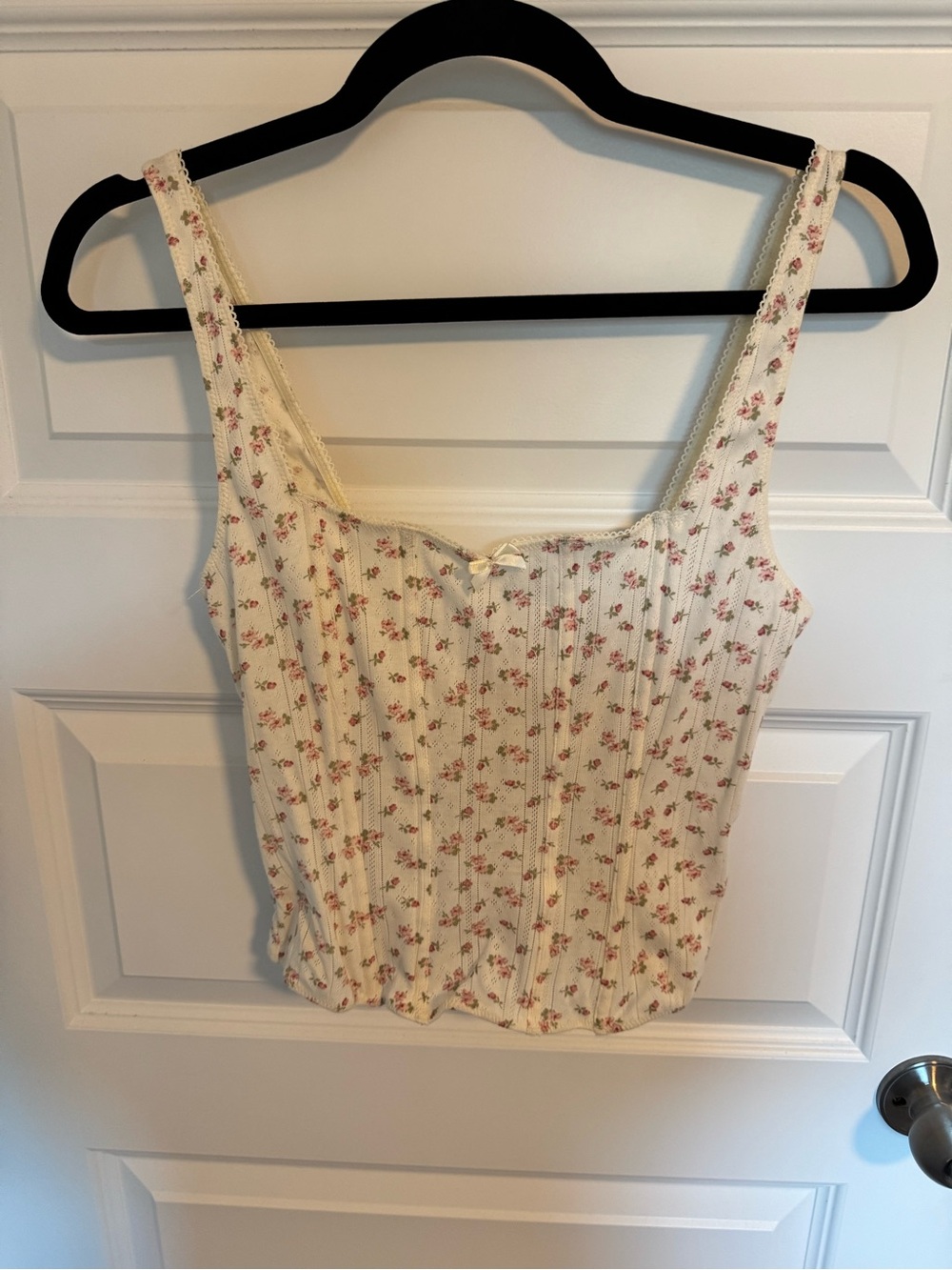 Anthropologie Cream Floral Ribbed Camisole with Lace Trim